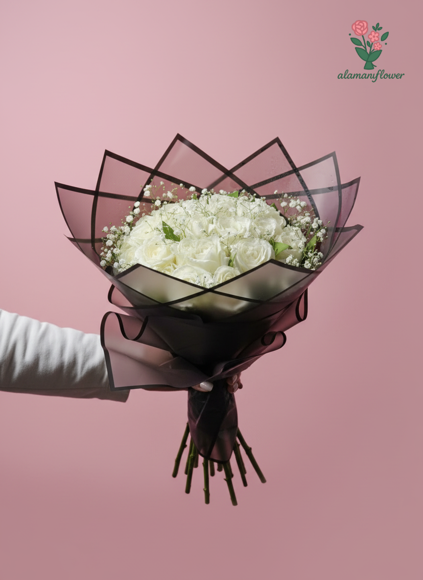 Luxury 20 White Roses Bouquet with Baby Flowers & Quad Imported Wrapping Luxury 20 White Roses Bouquet with Baby Flowers & Quad Imported Wrapping - Image 4