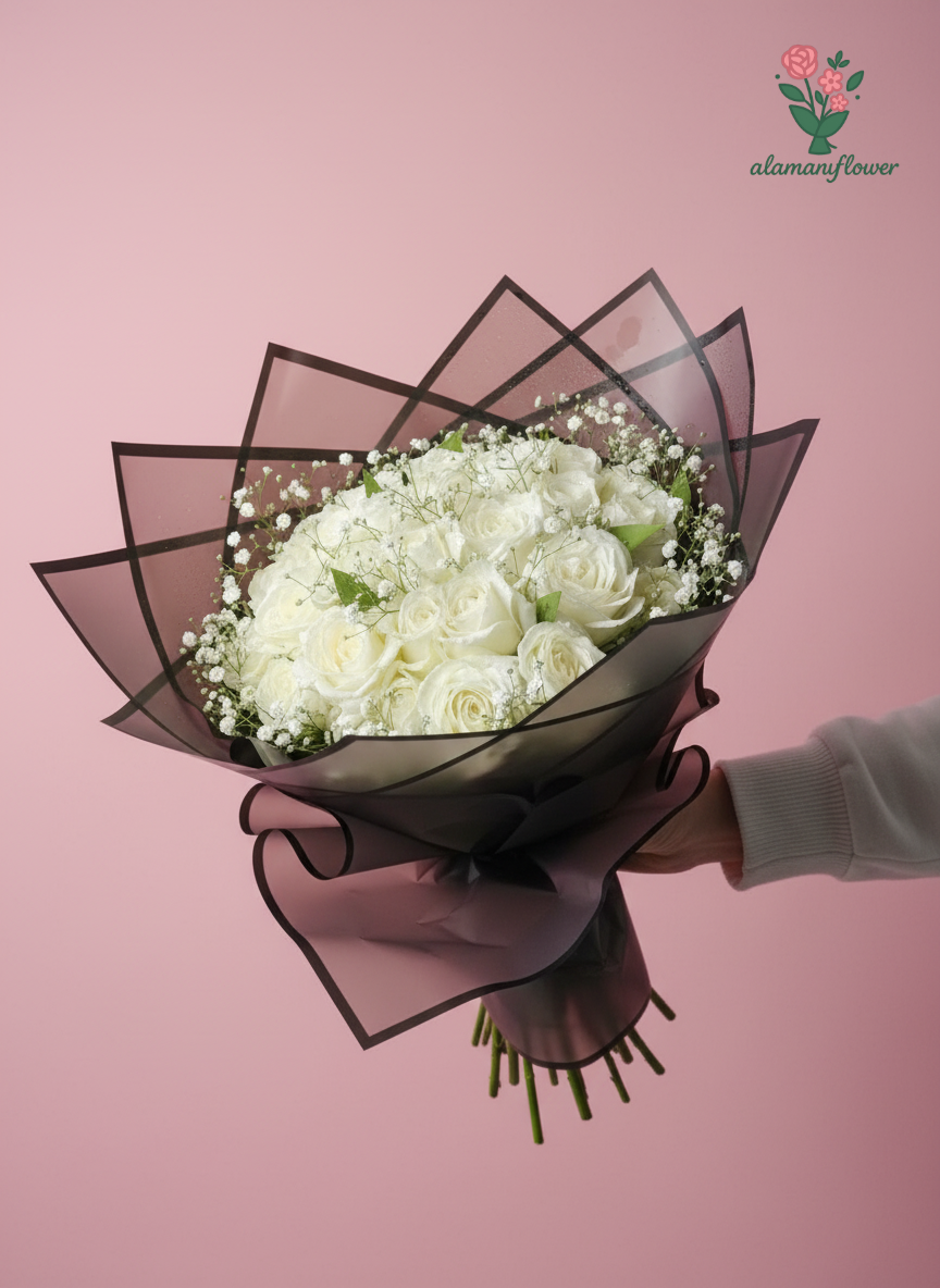 Luxury 20 White Roses Bouquet with Baby Flowers & Quad Imported Wrapping Luxury 20 White Roses Bouquet with Baby Flowers & Quad Imported Wrapping - Image 2