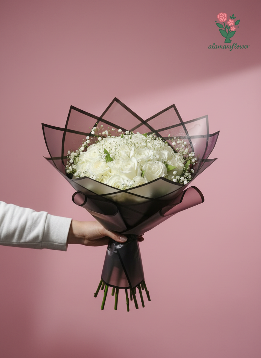 Luxury 20 White Roses Bouquet with Baby Flowers & Quad Imported Wrapping Luxury 20 White Roses Bouquet with Baby Flowers & Quad Imported Wrapping - Image 3