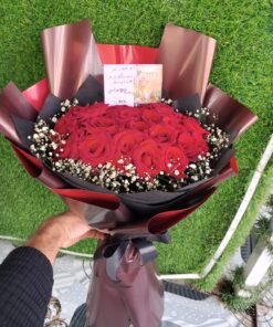 Red Rose & Baby Flower Gift Set – 20 Red Roses with White Baby Flowers, Black & Burgundy Imported Wrappings, Card