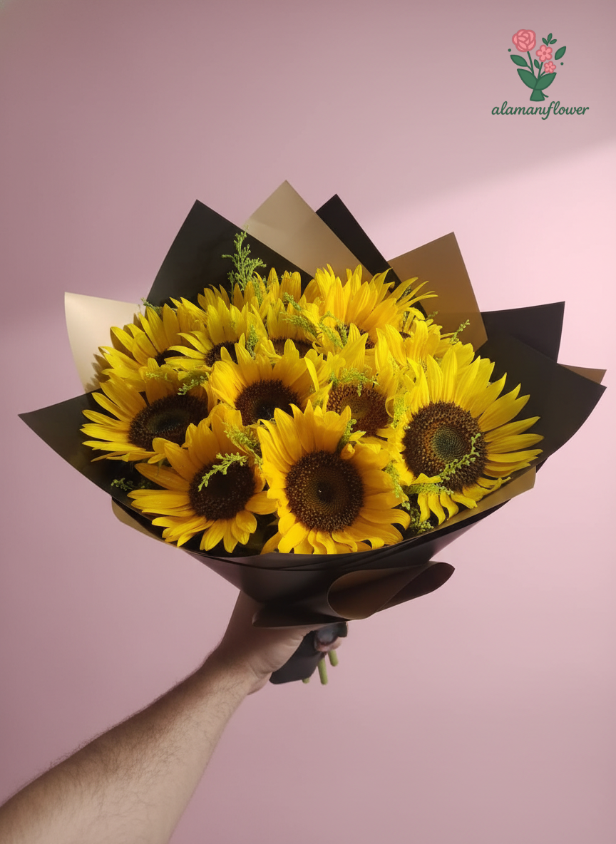 Luxury 15 Sunflowers Bouquet with Quad Imported Wrapping Luxury 15 Sunflowers Bouquet with Quad Imported Wrapping