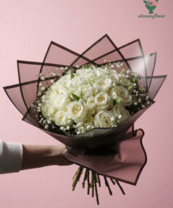 Luxury 20 White Roses Bouquet with Baby Flowers & Quad Imported Wrapping