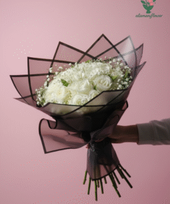 Luxury 20 White Roses Bouquet with Baby Flowers & Quad Imported Wrapping
