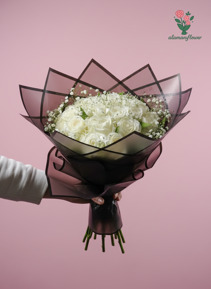 Luxury 20 White Roses Bouquet with Baby Flowers & Quad Imported Wrapping Luxury 20 White Roses Bouquet with Baby Flowers & Quad Imported Wrapping