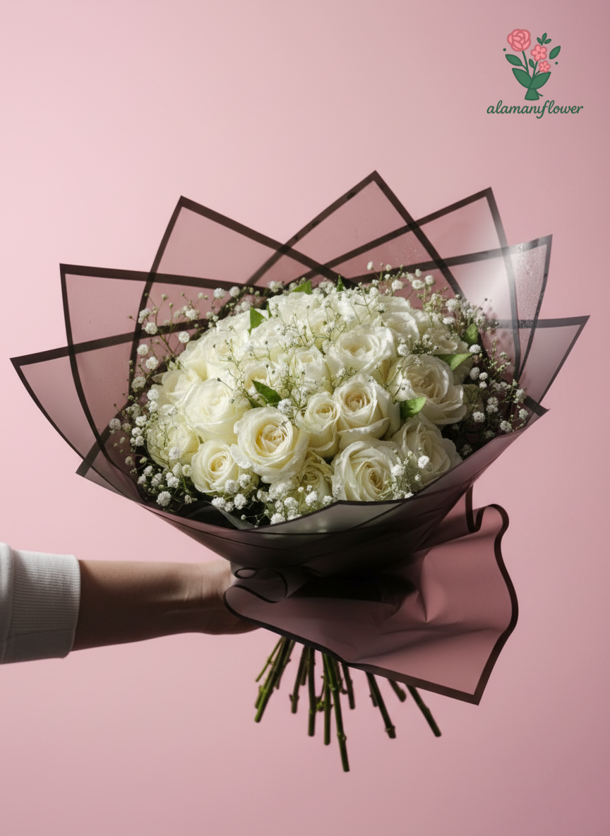 Luxury 20 White Roses Bouquet with Baby Flowers & Quad Imported Wrapping Luxury 20 White Roses Bouquet with Baby Flowers & Quad Imported Wrapping - Image 6