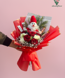 Christmas Gift Set – Small Santa Claus with Red & White Roses and Chocolates