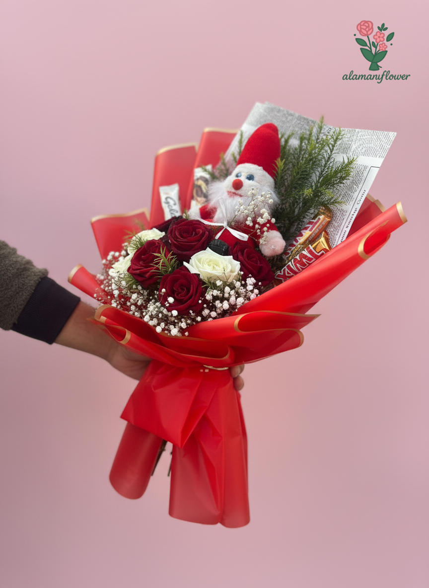 Christmas Gift Set – Small Santa Claus with Red & White Roses and Chocolates Christmas Gift Set – Small Santa Claus with Red & White Roses and Chocolates - Image 4