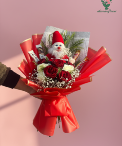 Christmas Gift Set – Small Santa Claus with Red & White Roses and Chocolates