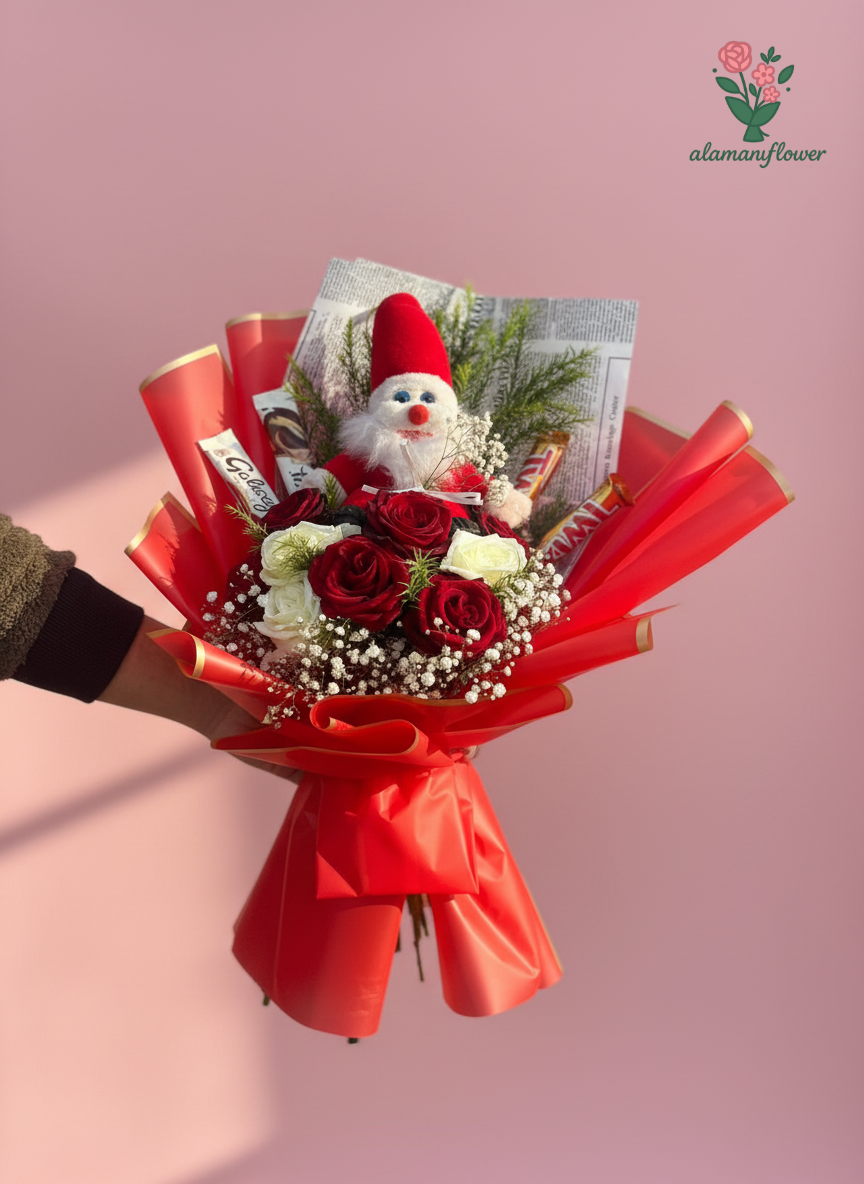 Christmas Gift Set – Small Santa Claus with Red & White Roses and Chocolates Christmas Gift Set – Small Santa Claus with Red & White Roses and Chocolates - Image 5