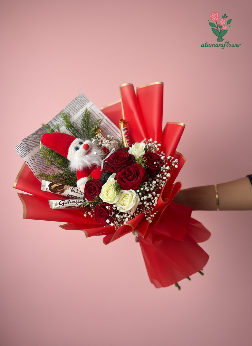 Christmas Gift Set – Small Santa Claus with Red & White Roses and Chocolates Christmas Gift Set – Small Santa Claus with Red & White Roses and Chocolates - Image 2
