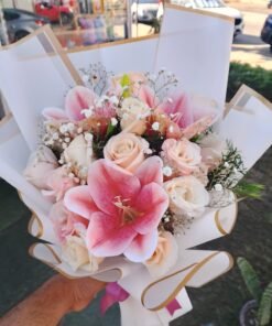 Alternative view of Soft Pink Rose Gift Set – 13 Light Pink Roses with Artificial Lily, Baby Flowers & Imported Wrapping