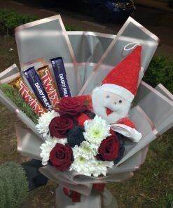 Alternative view of Mini Christmas Gift Box – Red Roses, White Cherry Stems, Santa Plush & Chocolates