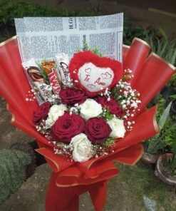 Romantic Heart Gift Set – Red & White Roses with Baby Flowers, Chocolates & Imported Wrapping