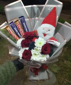 Mini Christmas Gift Box – Red Roses, White Cherry Stems, Santa Plush & Chocolates
