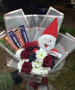 Mini Christmas Gift Box – Red Roses, White Cherry Stems, Santa Plush & Chocolates